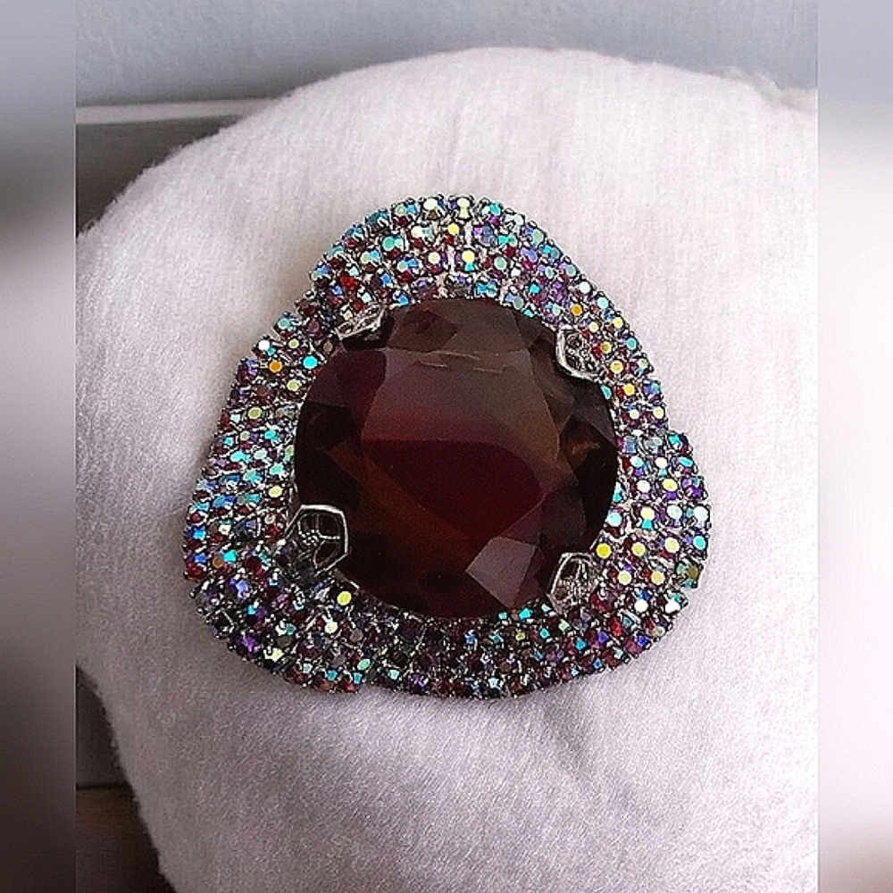 Vintage Wavy Silver Tone Topaz Red Givre Glass & AB Rhinestone Unsigned